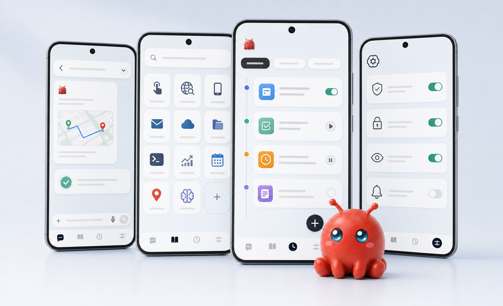 Abstract Mobile Claw product mockup with four fictional phone interfaces